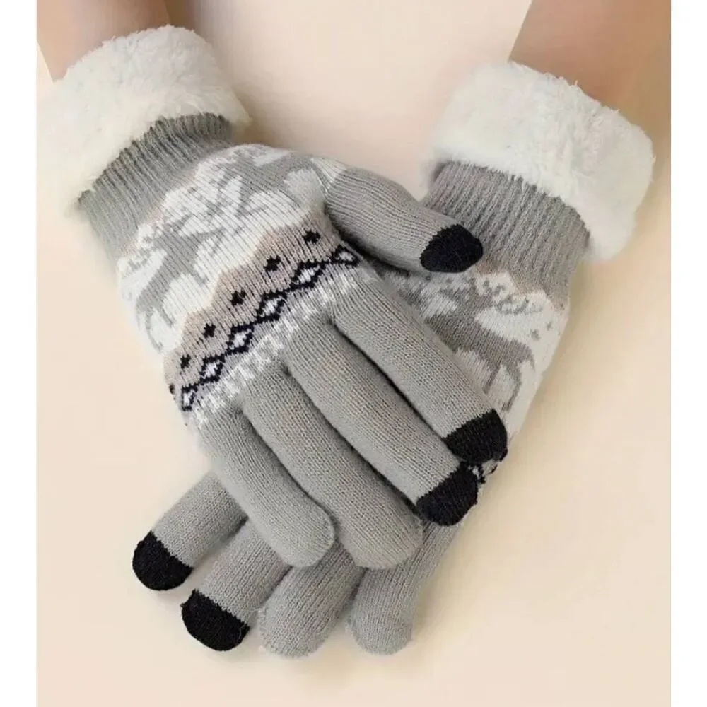 Ladies Grey Reindeer Winter Warm Gloves - Brand New